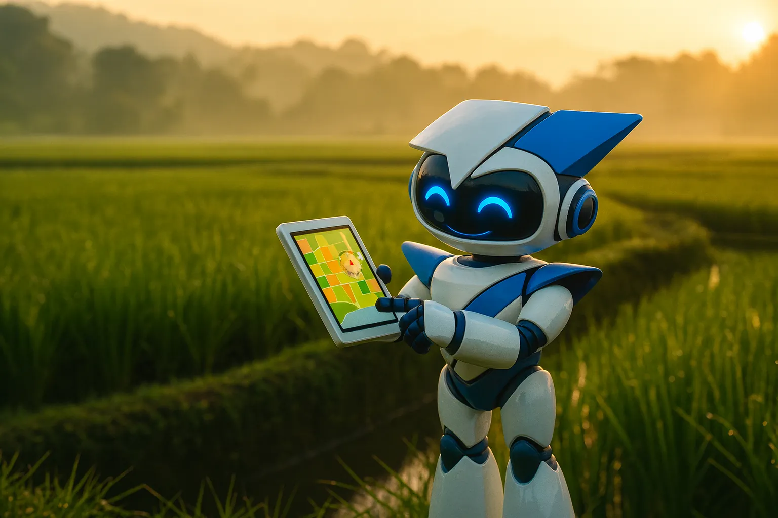 Trợ lý robot của TiumPower đứng trên bờ ruộng lúa, xem bản đồ thửa trên máy tính bảng
