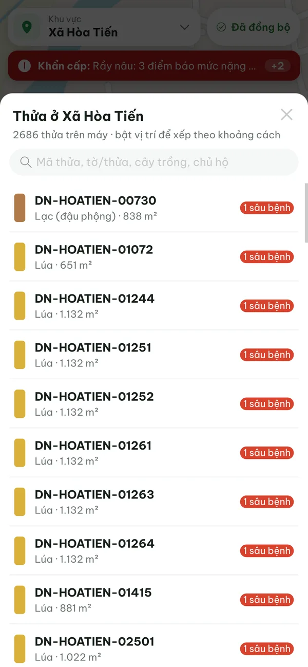 Danh sách thửa xếp theo khoảng cách trên app hiện trường