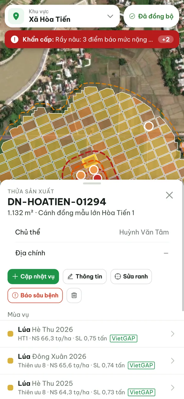 Thông tin thửa và lịch sử mùa vụ trên app hiện trường