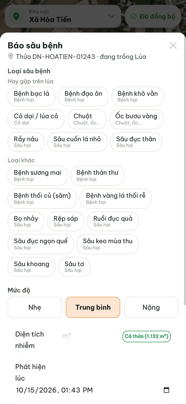 Biểu mẫu báo sâu bệnh với danh mục gợi ý theo cây trồng